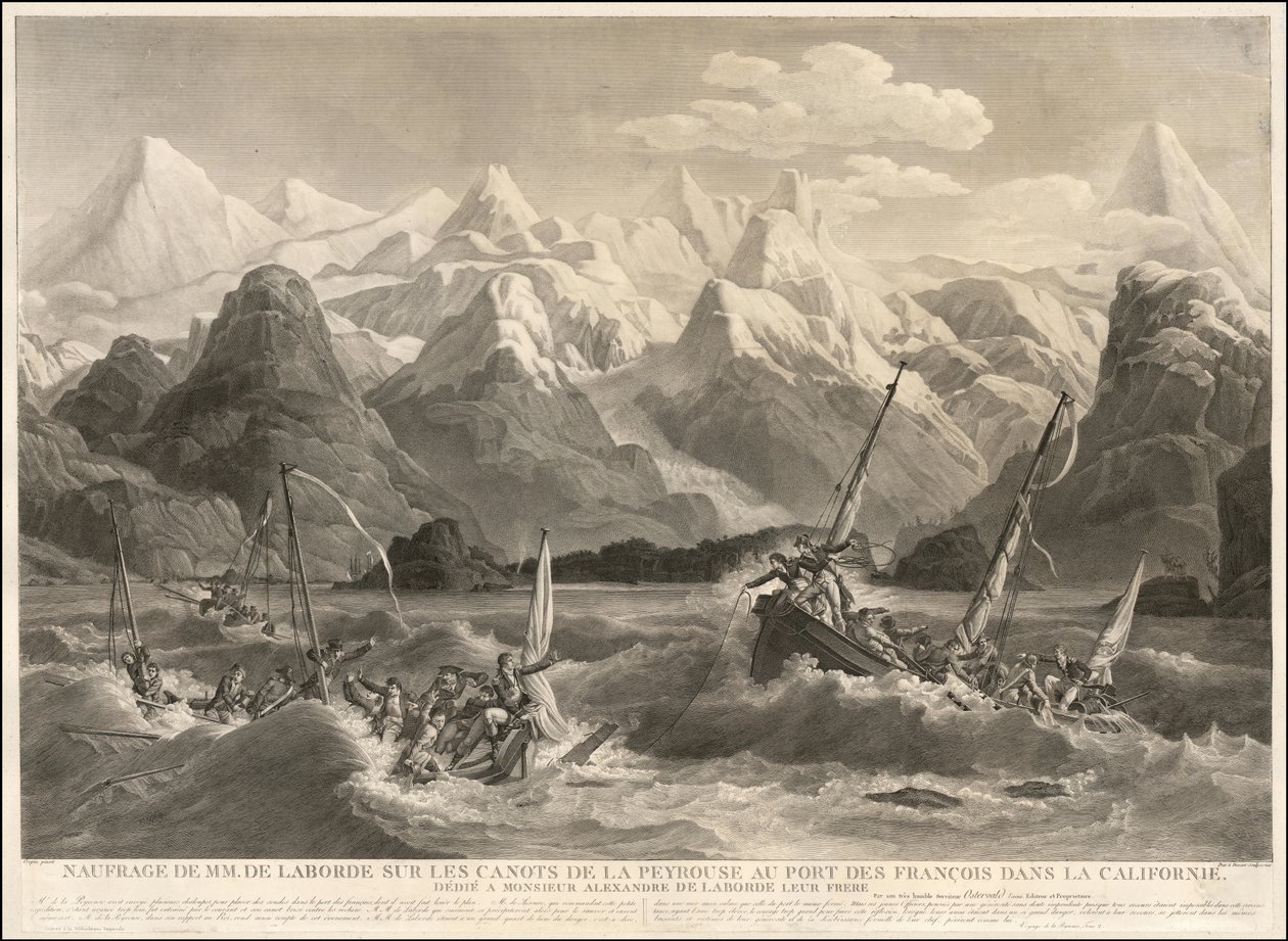 1786 års gravyr av ett skeppsbrott med två små båtar som ingick i La Perouse-expeditionen av Louis Philippe Crepin