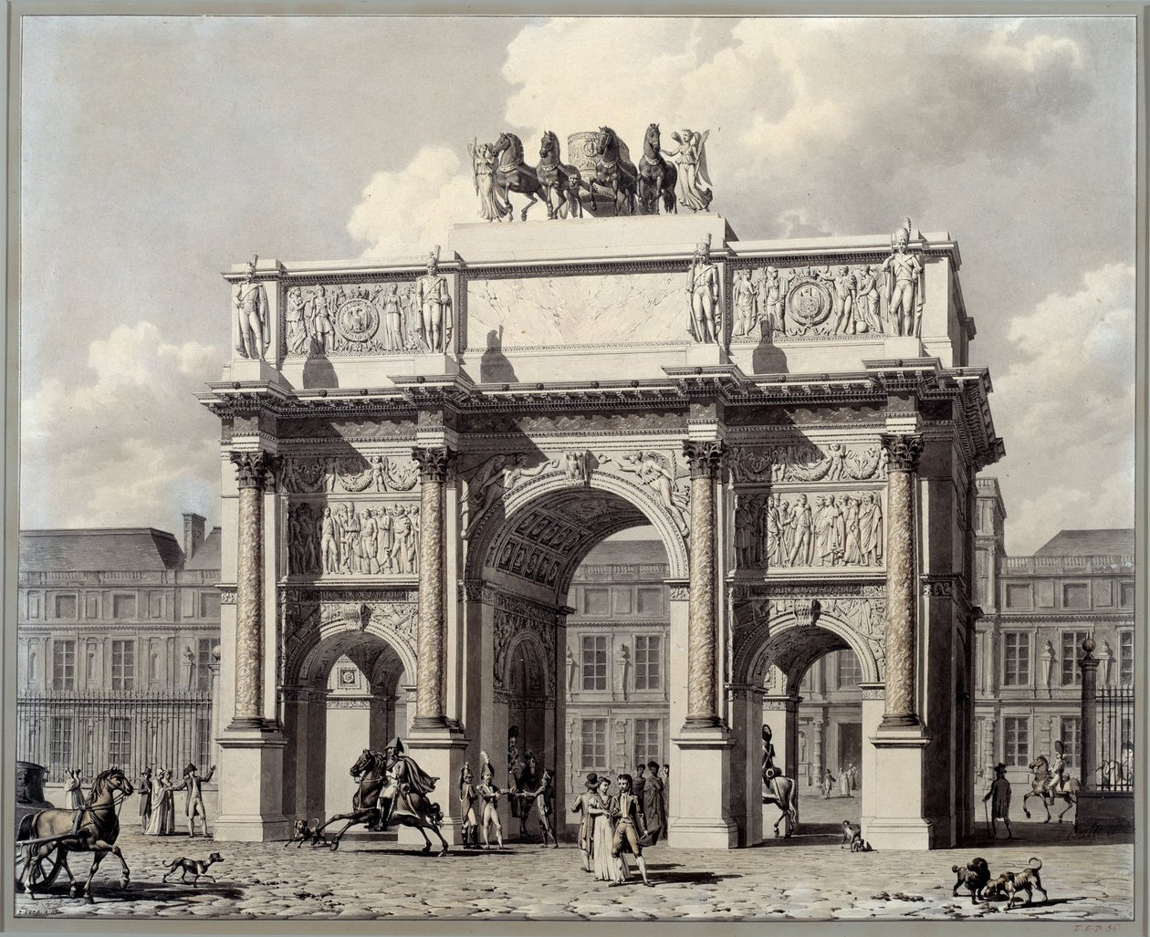Utsikt över karusellens triumfbåge i Paris. Ritning i penna och bläck med tvätt av Pierre Louis Balard (1764 - 1846) av Louis Pierre Baltard