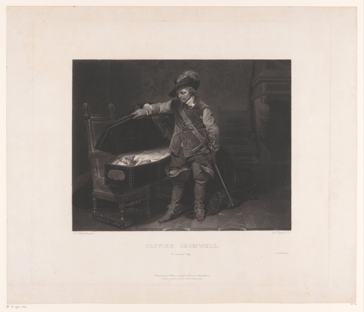 Oliver Cromwell vid kistan av Charles I, kung av England Oliver Cromwell. 30 januari 1649 (titel på objekt) av Louis Pierre Henriquel Dupont