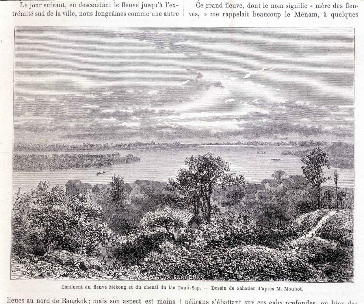 Sammanflödet av Mekongfloden och Lake Touli Channel - smäll. Teckning av Sabatier enligt Mouhot. “Tour du monde” av Louis Remy Sabatier