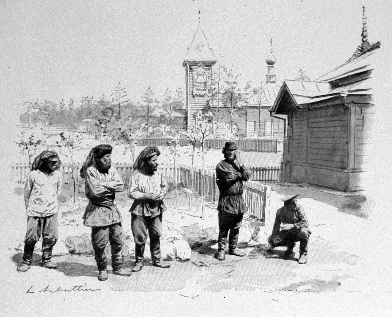 Bönderna i en liten rysk by med ett myggnät i ansiktet och en tågstation i Transsibirien. 1913. Ill. de Sabatier av Louis Remy Sabatier