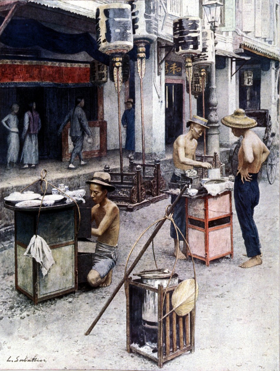 Mobila restauranger i Singapores Chinatown. Illustration av L. Sabatier. 1800-talet. av Louis Remy Sabattier