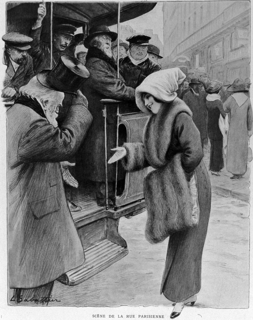 Artighet: Scen av den parisiska gatan - Galenterie från förr i dagens Paris. En gammal man och en ung kvinna vid busshållplatsen. Illustration av Sabatier. n.d. 1910-talet. av Louis Remy Sabattier