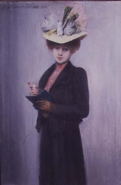 En elegant dam med en blå anteckningsbok av Louis Robert Carrier Belleuse