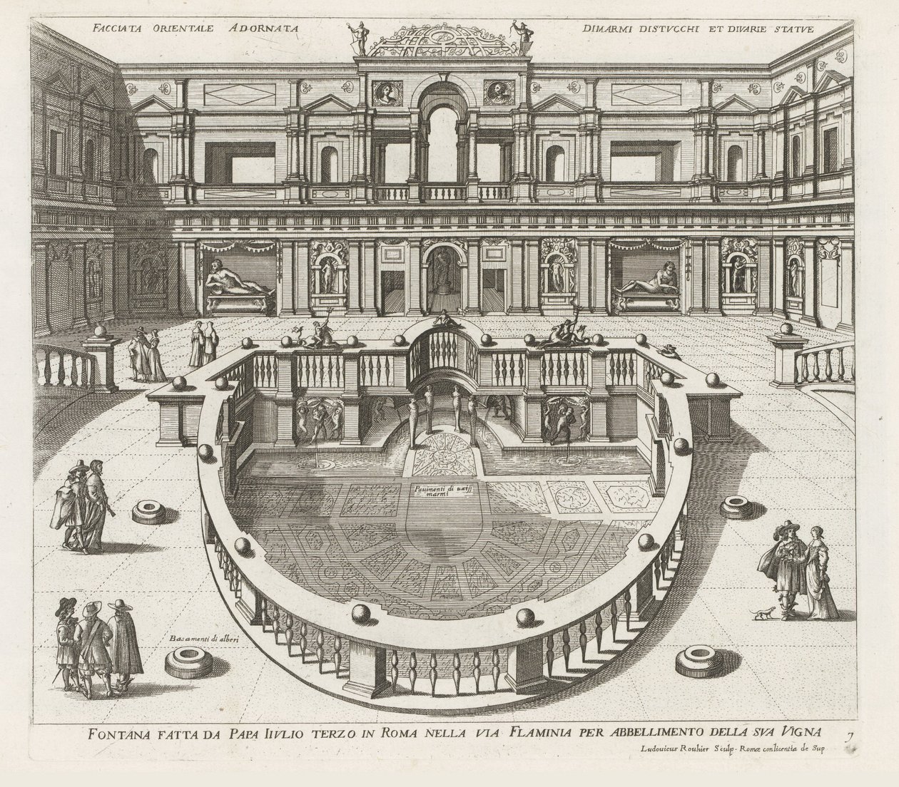Nymfaeum i de Villa Giulia te Rom Fontän gjord av påven Iiulio tredje i Rom i Via Flaminia (...) (titel på objektet) Fontänerna i Roms palats och trädgårdar (serietitel) Fonteinen in de paleizen en tuinen van Rome (serietitel) av Louis Rouhier