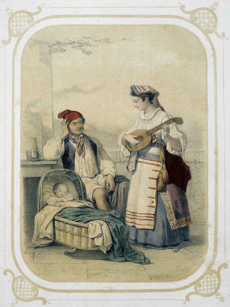 Familj i kungariket Neapel, Italien - i "" Album du jeune voyageur", illustrerad av Louis Lassalle av Louis Simon Lassalle