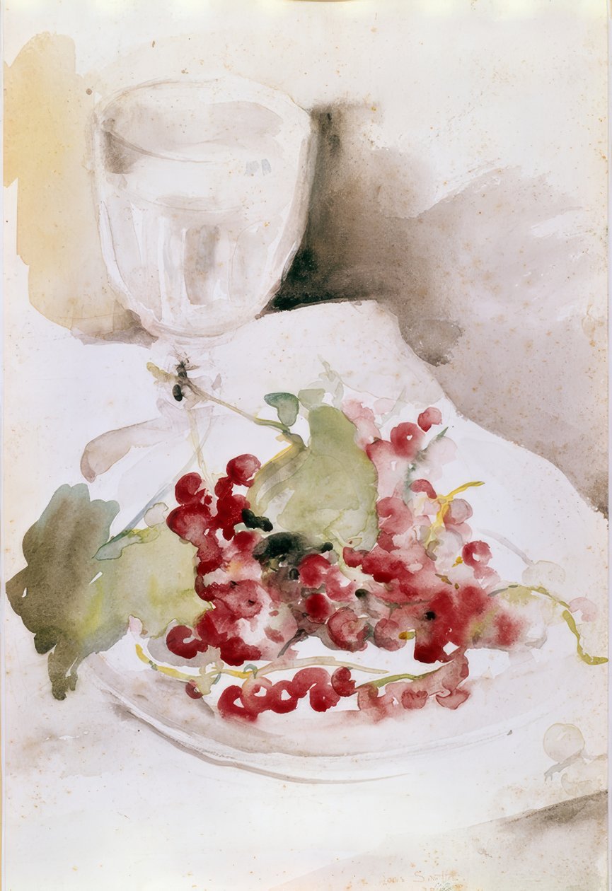 Stilleben med röda vindruvor och glas av Louis Soutter