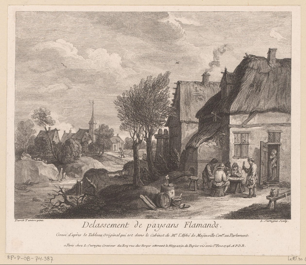 Flamländsk byscen med bönder som spelar ett kortspel Delassement de paysans Flamands (titel på objekt) av Louis Surugue