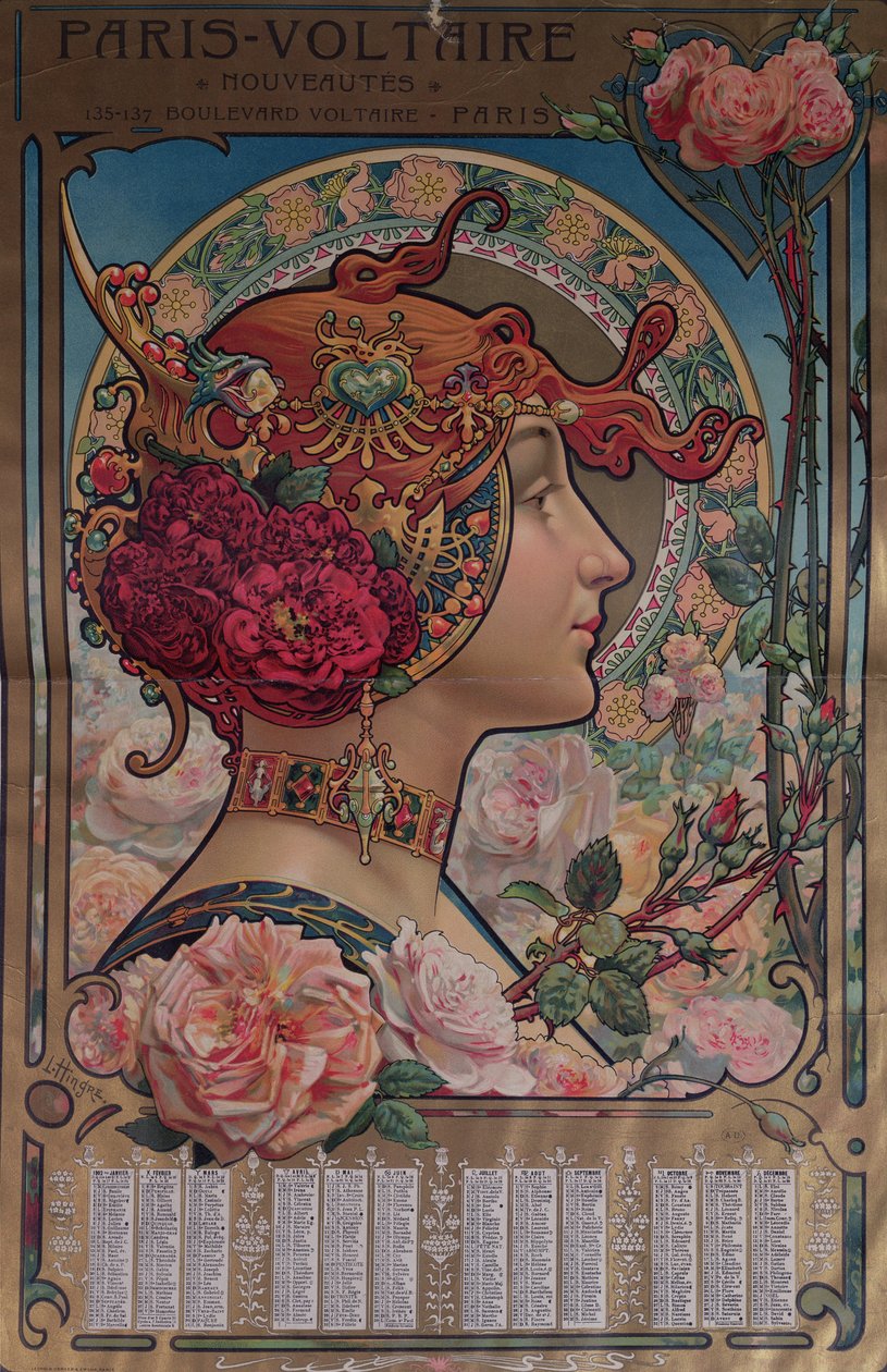 Kalender för 1901 för Paris-Voltaire-butiken, Paris, ca 1900 av Louis Theophile Hingres