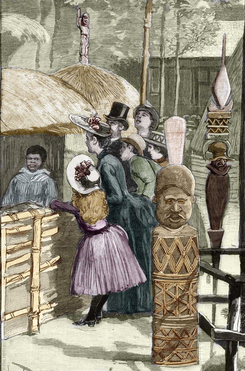 Universell utställning 1889 - Canaque-byn vid Esplanade des Invalides (Canaques som ställdes ut under utställningen: Human Zoo) - Teckning av Louis Tinayre (1861-1942) - i "" Le Monde Illustré""" av 1889-07-22. av Louis Tinayre