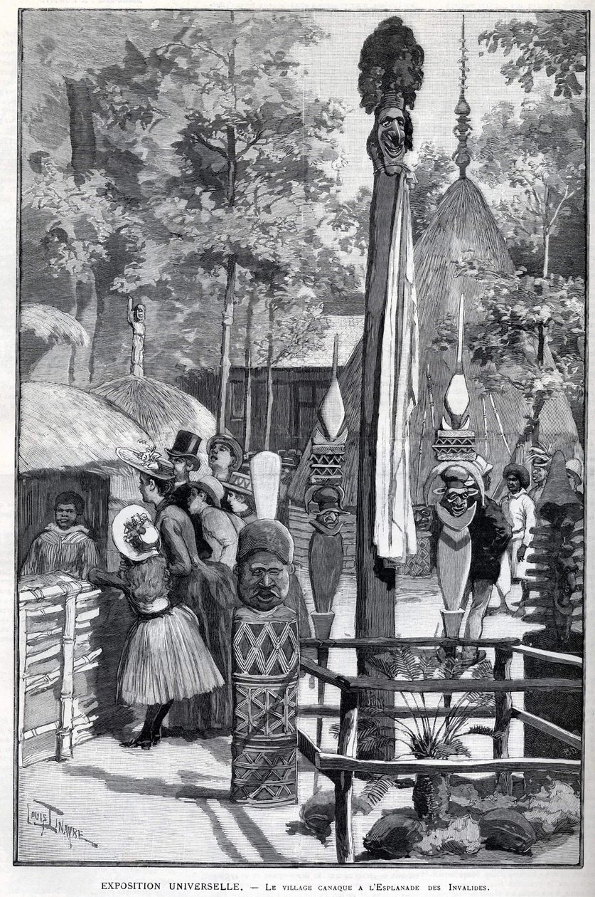 Exposition Universelle 1889 - Kanakbyn vid Esplanade des Invalides (kanakerna som ställdes ut under utställningen: Zoo Humane). Teckning av Louis Tinayre (1861-1942) - i "" The Illustrous World"" av 1889-07-22. av Louis Tinayre