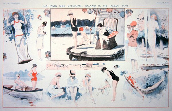 Fridfulla tider på landsbygden....när det inte regnar!, ca 1930 (färg litho) av Louis Vallet