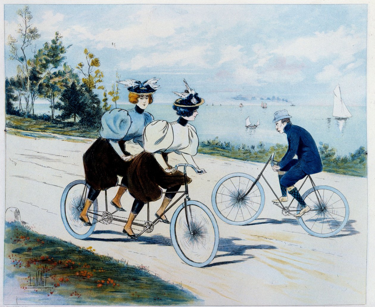 Söndagspromenad. Cykeltur: en man på cykel tittar på två kvinnor på en tandem. Teckning av Louis Vallet (1856 -?) av Louis Vallet