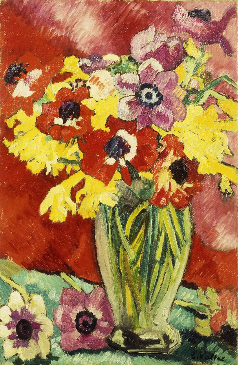 Kristallvas med anemoner och påskliljor; Vas Cristal, Anemones och Jonquilles av Louis Valtat