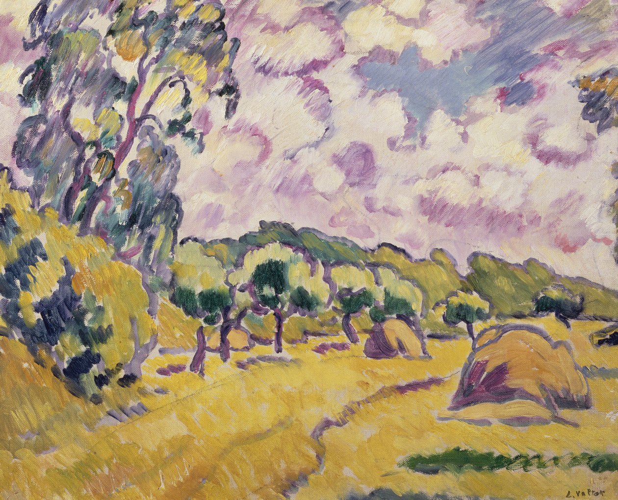 Landskap med höstackar (olja på duk) av Louis Valtat
