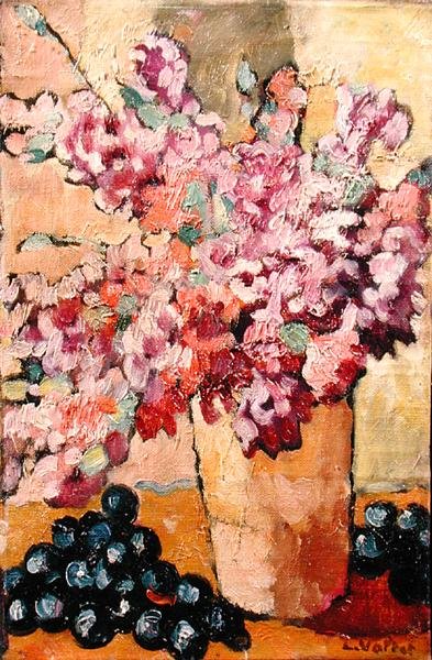 Stilleben med blommor och svarta druvor av Louis Valtat