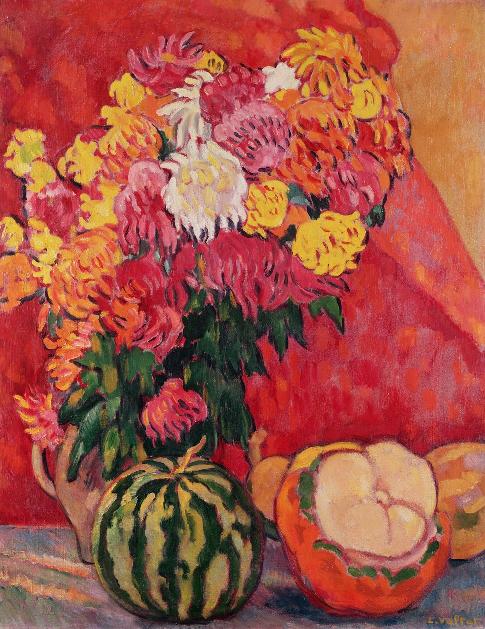 Vas av pelargoner med meloner av Louis Valtat