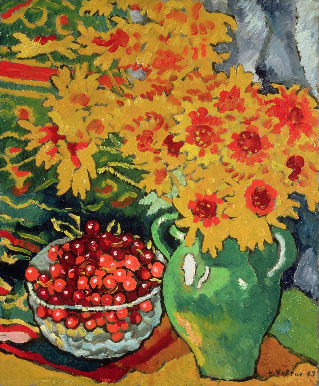Gula blommor och en skål med körsbär av Louis Valtat