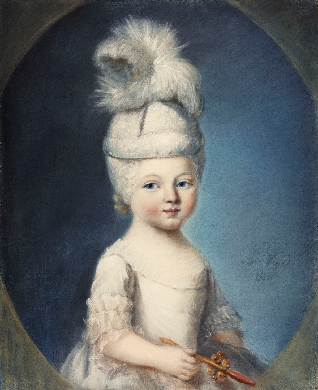 Porträtt av markisen de Fleury som ett spädbarn i en vadderad hatt, med en plym, som håller i en tandskallra i guld och koraller, 1762 av Louis Vigee