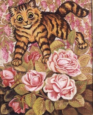 En kattunge som gömmer sig i en rosenbuske av Louis Wain