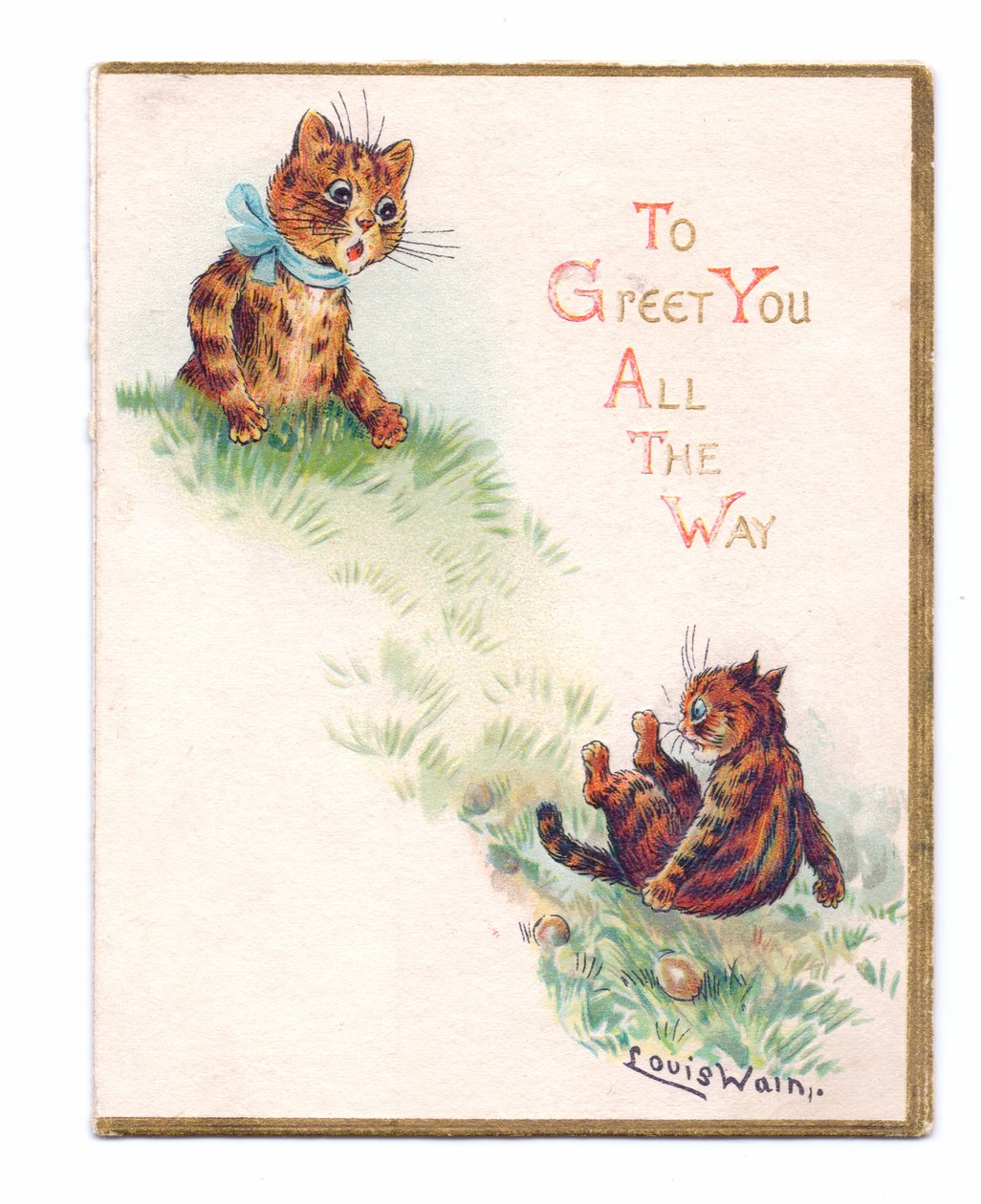Ett viktorianskt gratulationskort av två katter, den ena faller och den andra ser förvånad ut, ca 1880 av Louis Wain