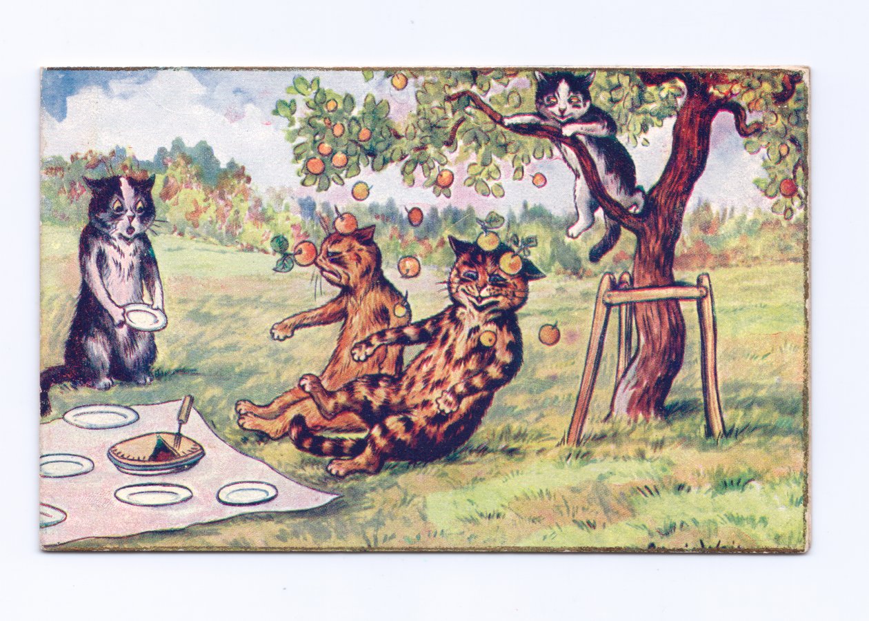 Ett viktorianskt gratulationskort med äpple som faller på två katter på en picknick, ca 1880 av Louis Wain