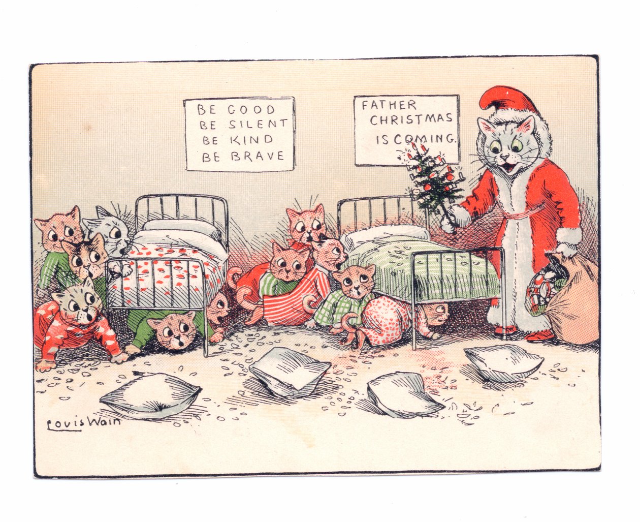 Ett viktorianskt gratulationskort med kattungar som kryper ihop av rädsla vid åsynen av en katt utklädd till jultomten, ca 1880 av Louis Wain