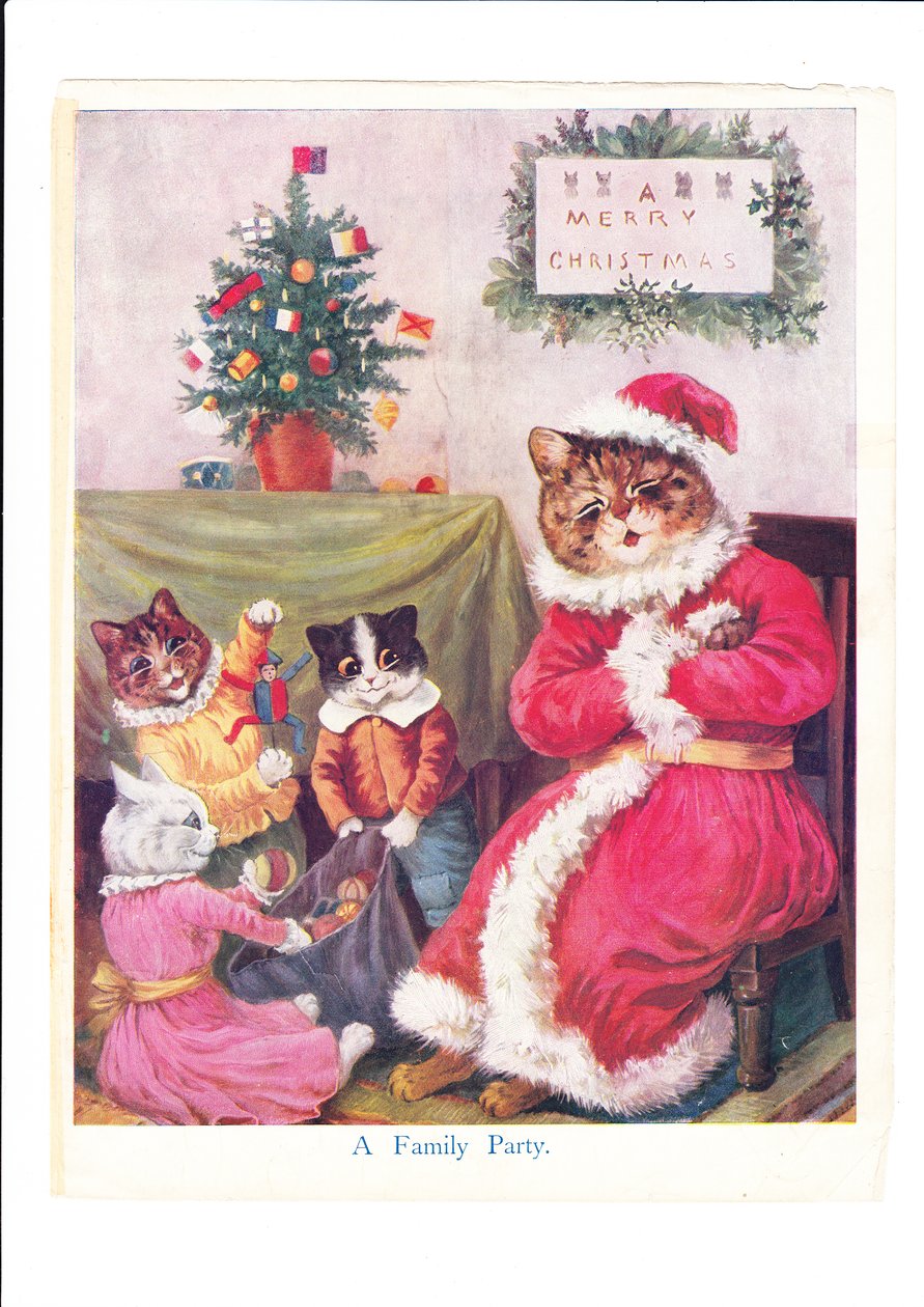 Ett tryck av en katts julfest av Louis Wain med en antropomorfiserad pappakatt utklädd till jultomten av små katter och en julgran, ca 1890 (färg litho) av Louis Wain