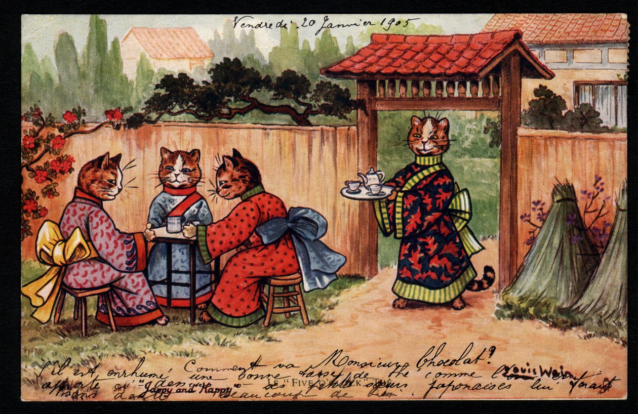 Djur i mänsklig ställning. Katt i kimono dricker te i en japansk trädgård. Vykort. Kromolitografi av Louis Wain (1860-1939), en engelsk konstnär känd för sin skildring av katter med stora ögon. Början av 1900-talet. Samling pr av Louis Wain