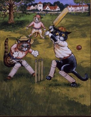 Katter som spelar cricket av Louis Wain