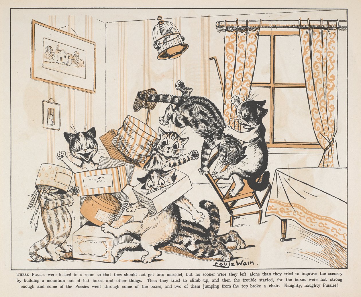Katter leker med lådor i ett rum. av Louis Wain
