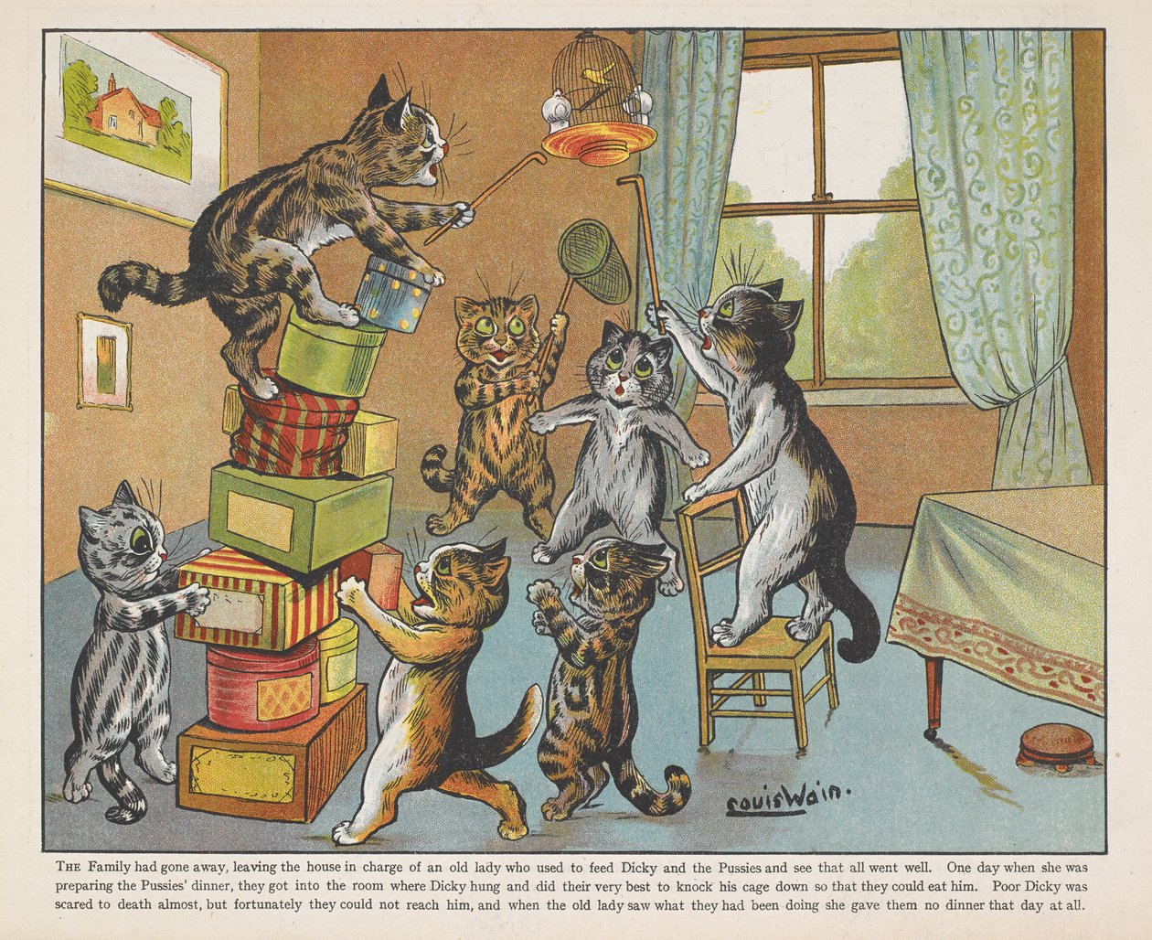 Katter leker med lådor i ett rum. av Louis Wain