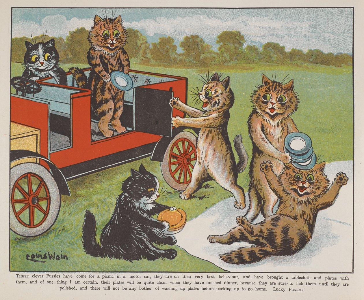 Katter som förbereder sig för en picknick. av Louis Wain