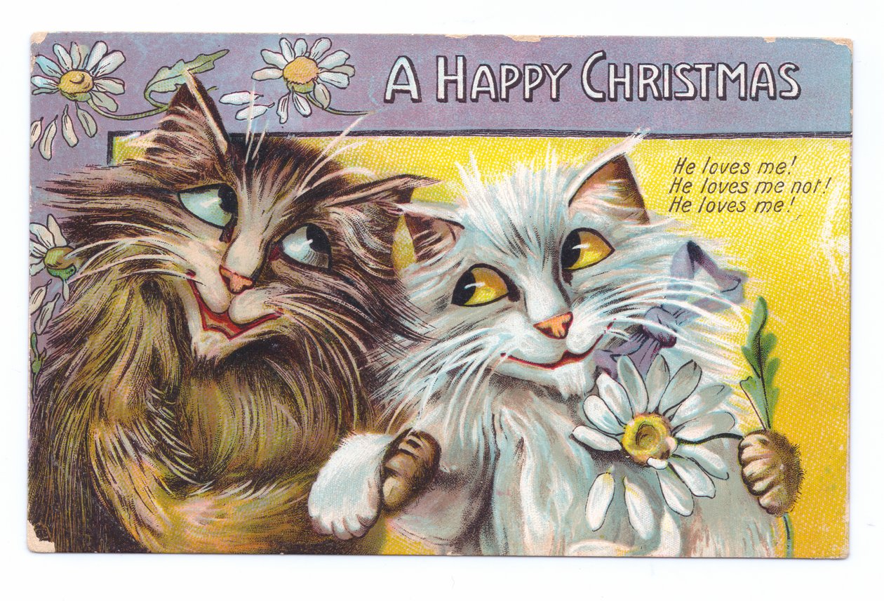 Edwardianskt julvykort av två tillgivna katter, c.1910 av Louis Wain
