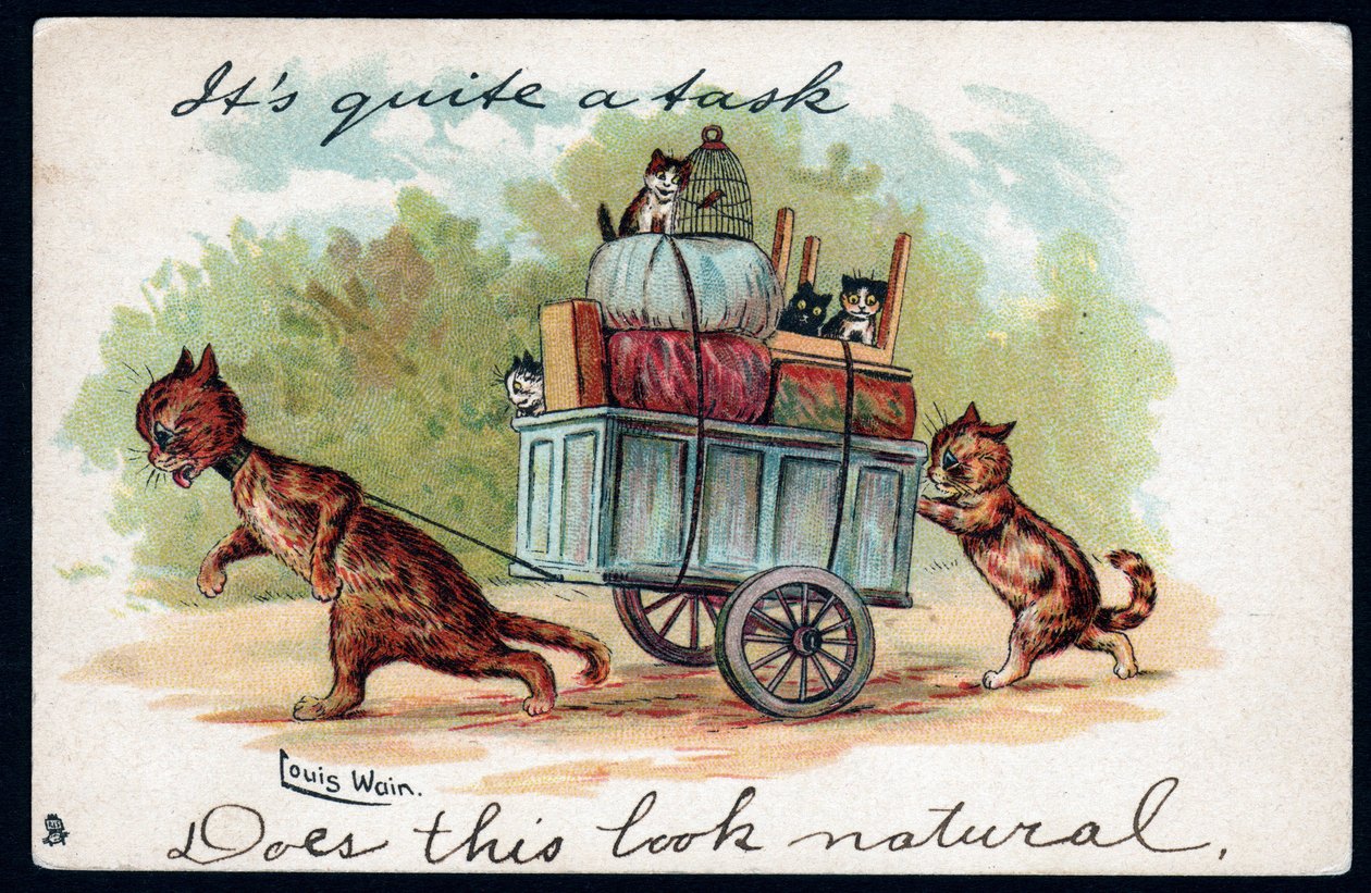 Det är ganska jobbigt, ser det här naturligt ut. Djur i mänsklig ställning. Katter som drar en vagn med sina kattungar och deras rörliga saker i den. Vykort. Kromolitografi av Louis Wain (1860-1939), Angla konstnär av Louis Wain