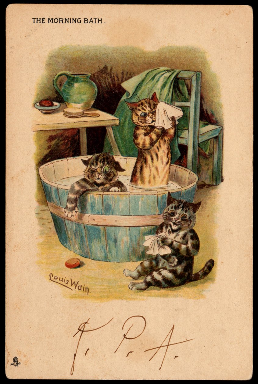 Morgonbadet. Djur i mänsklig ställning. Katter som badar i en bassäng. Vykort. Kromolitografi av Louis Wain (1860-1939), en engelsk konstnär känd för sin skildring av katter med stora ögon. Början av 1900-talet. Samla av Louis Wain