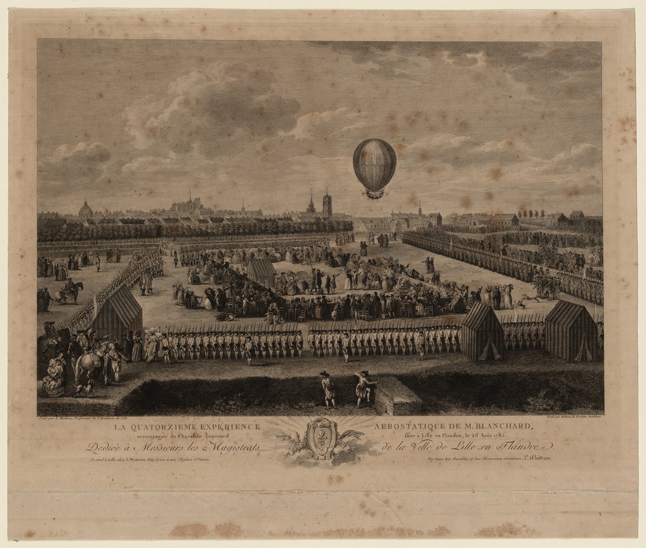 Ballongen av Jean-Pierre Blanchard som stiger upp från Lille den 26 augusti 1785, 1785 av Louis Watteau