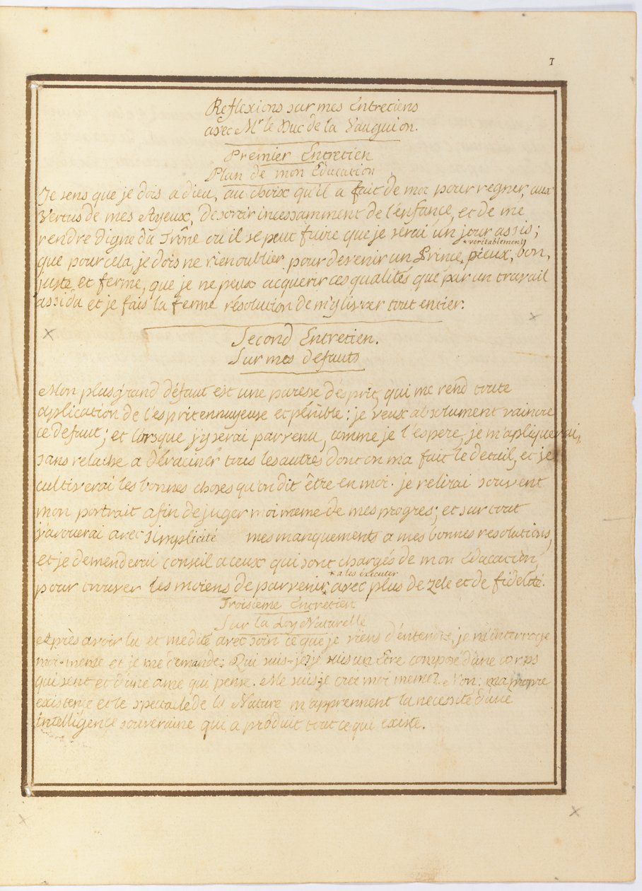 "Reflektioner över min intervju med Mr. le Duc de la Vauguyon", autografmanuskript, januari 1767 till början av 1769 av Louis XVI