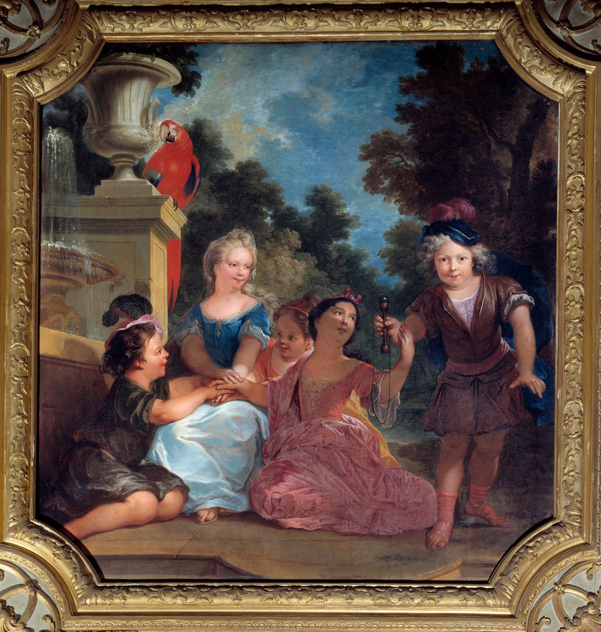 Barngrupp som spelar bilboquet Målning av Louis Boulongne le Jeune (1654-1733) 1700-talets Paris, Italiens ambassad av Louis de Boullongne