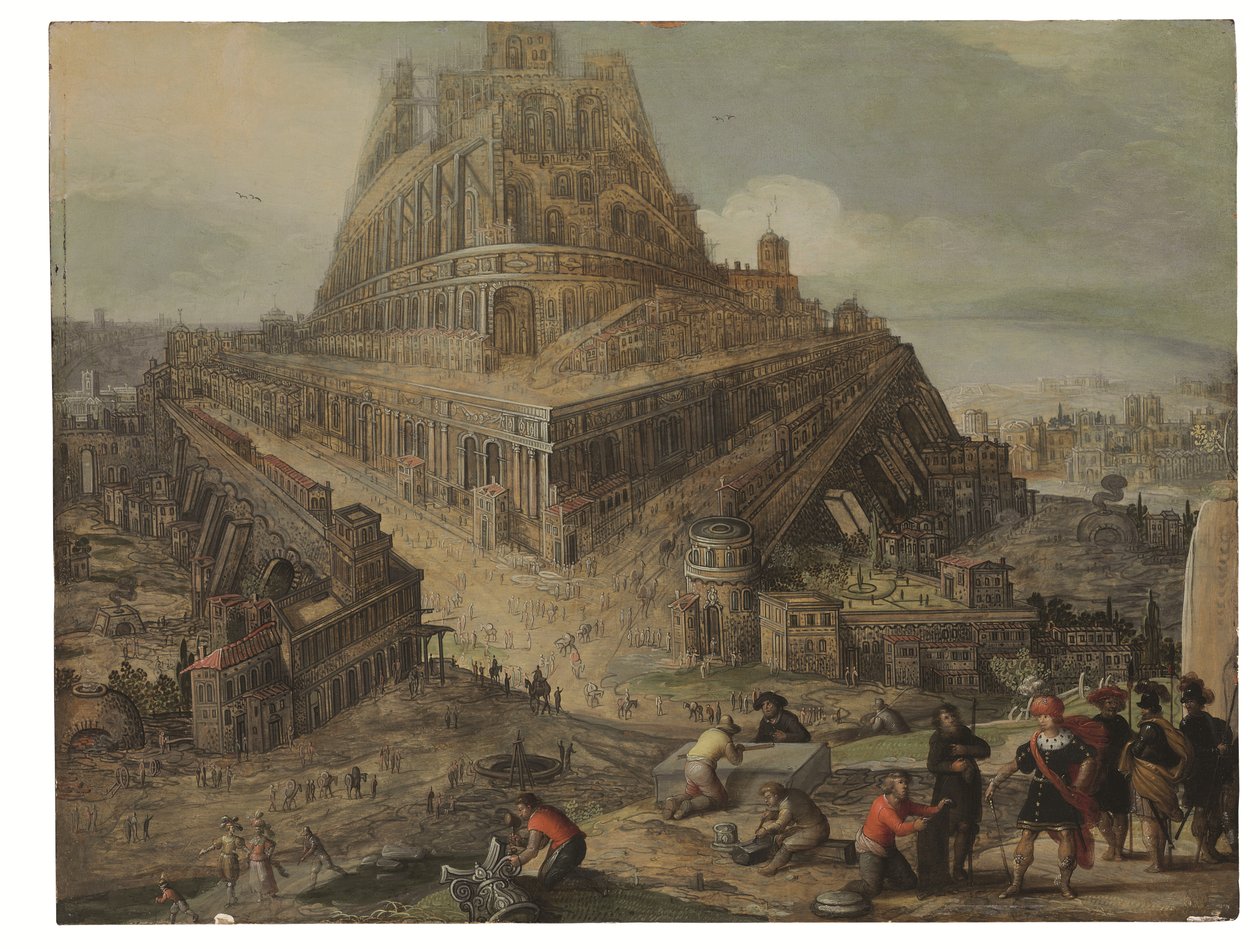 Kung Nimrod beordrar byggandet av Babels torn (olja på pannå) av Louis de (circle of) Caullery