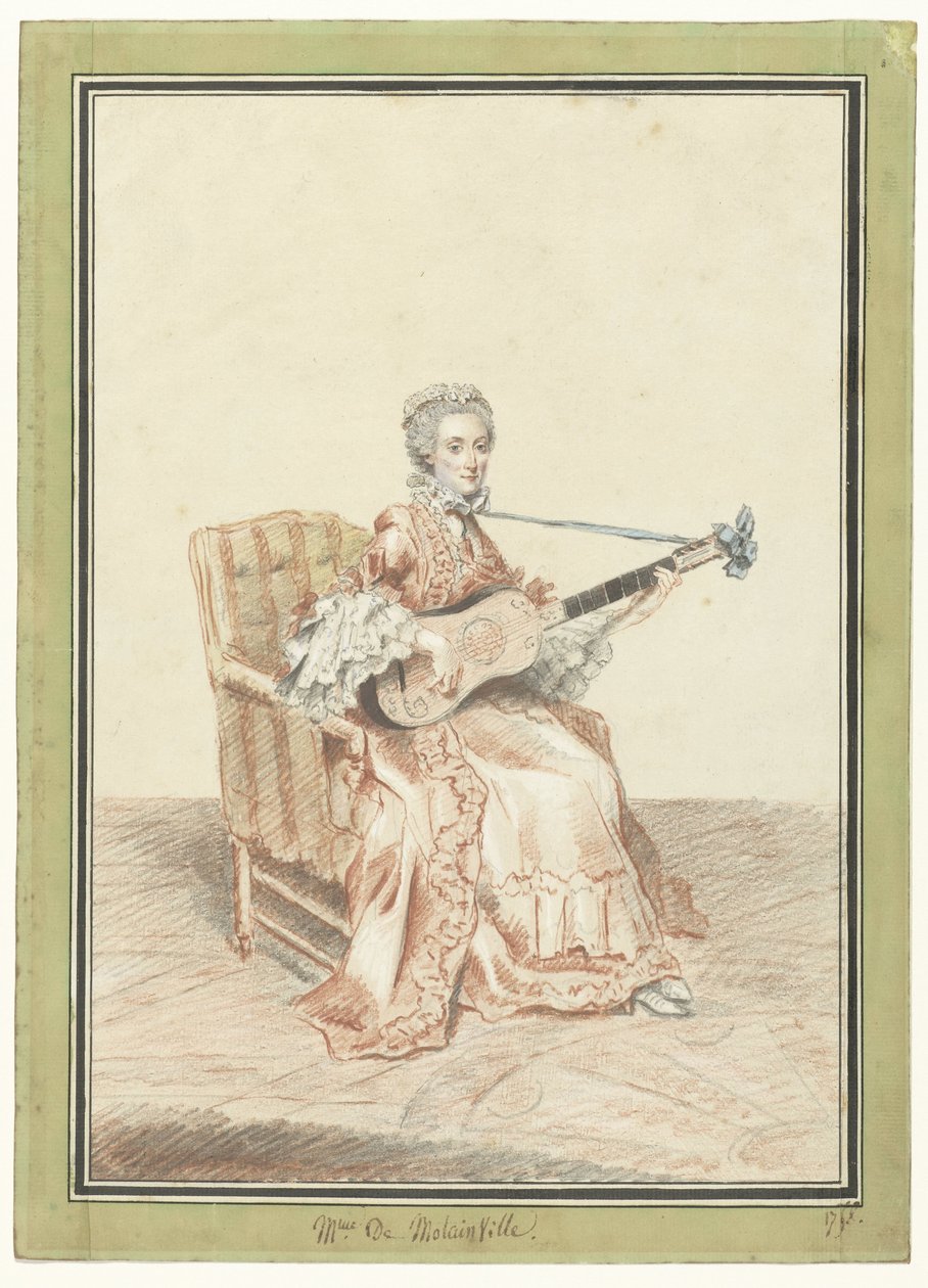 Porträtt av Madame de Montainville som spelar gitarr av Louis de Carmontelle