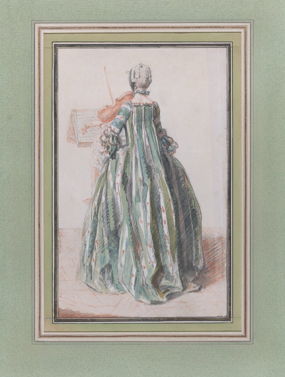 Kvinna som spelar fiol, sett bakifrån, ca. 1758-59. av Louis de Carmontelle