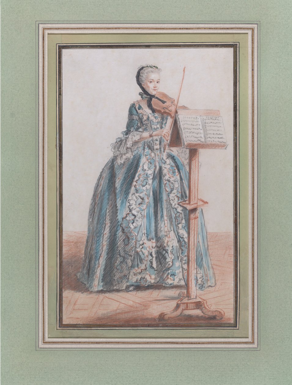 Kvinna som spelar fiol, sett framifrån, ca. 1758-59. av Louis de Carmontelle