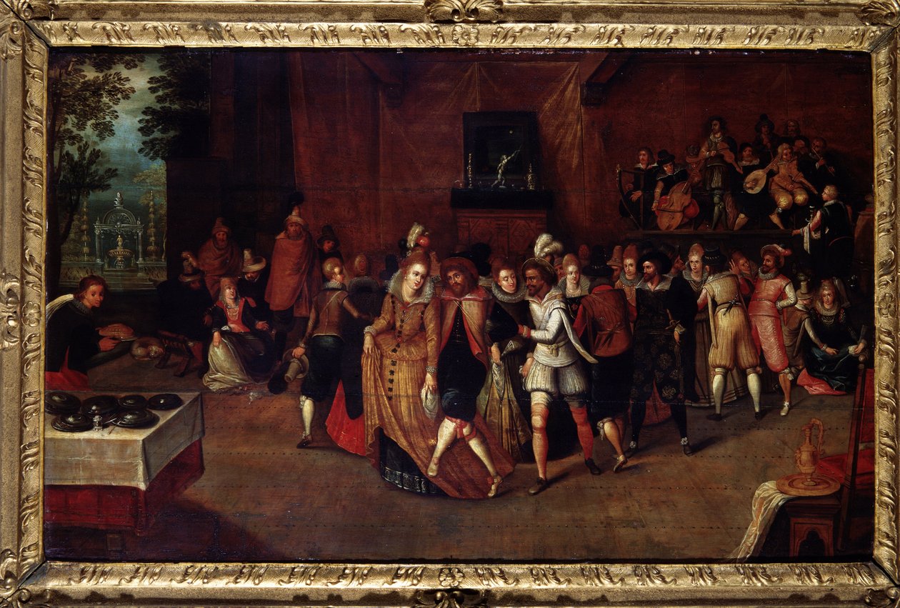 Bal på Henrik III:s tid, tidigare kallad "En fest vid Henrik III:s hov", cirka 1580. Målning tillskriven Louis de Caulery (Caullery) (känd som Mästaren i Leningrads bok skisser) (ca 1580) -ca 1621). Slutet av 1500-talet. Musee av Louis de Caulery