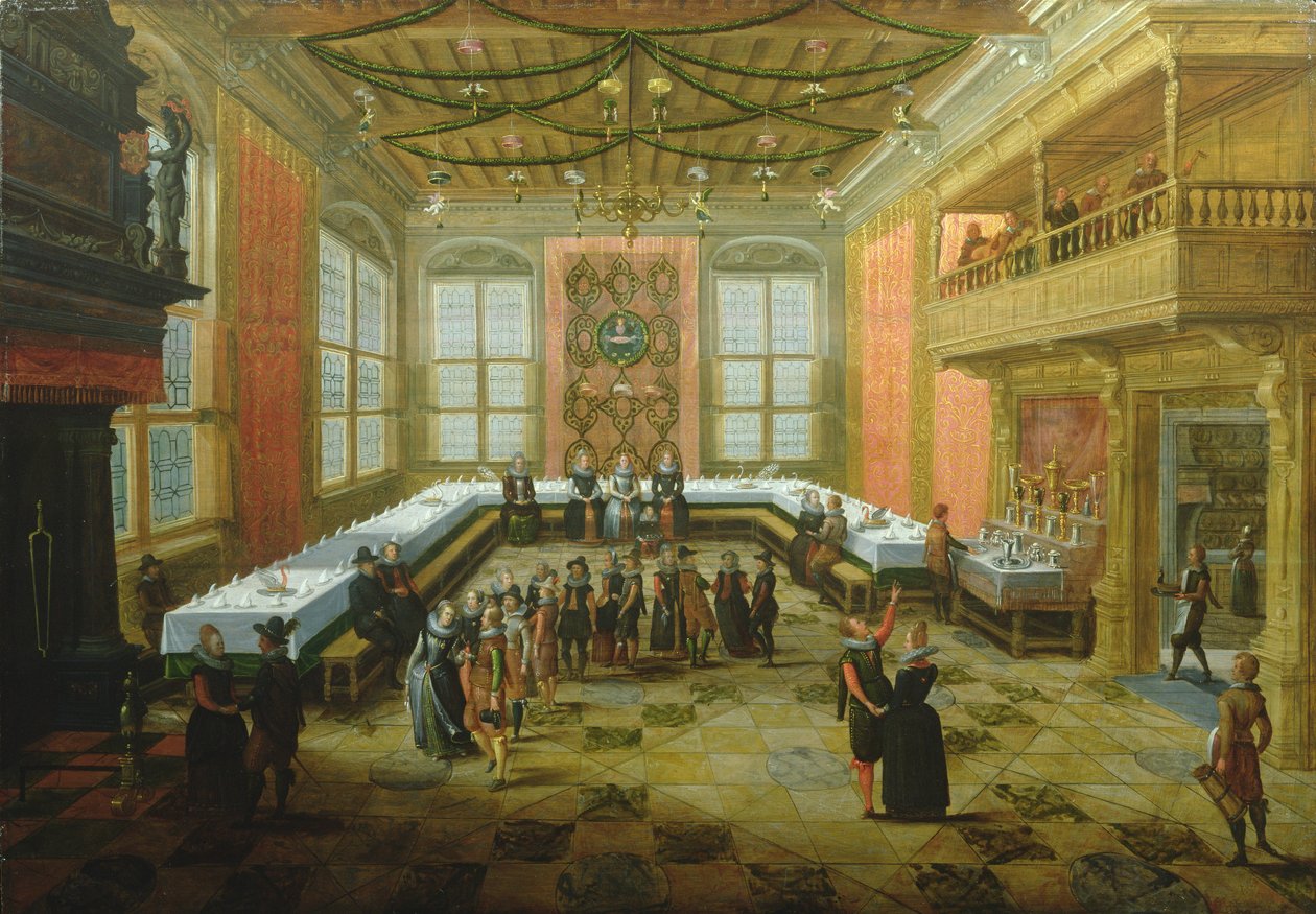 Eleganta figurer samlas i en bankettsal av Louis de Caullery
