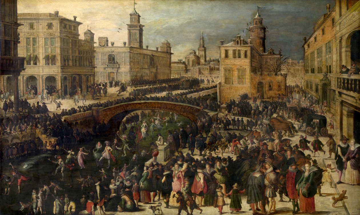 Shrovetide on Ice (olja på panel) av Louis de Caullery