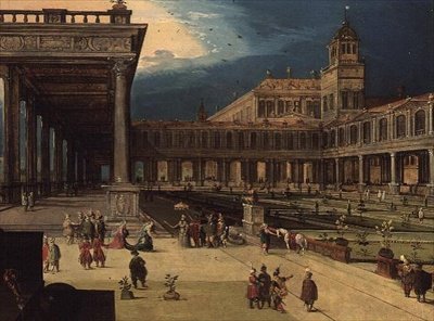 Trädgårdarna och gården i ett renässanspalats (panel) av Louis de Caullery