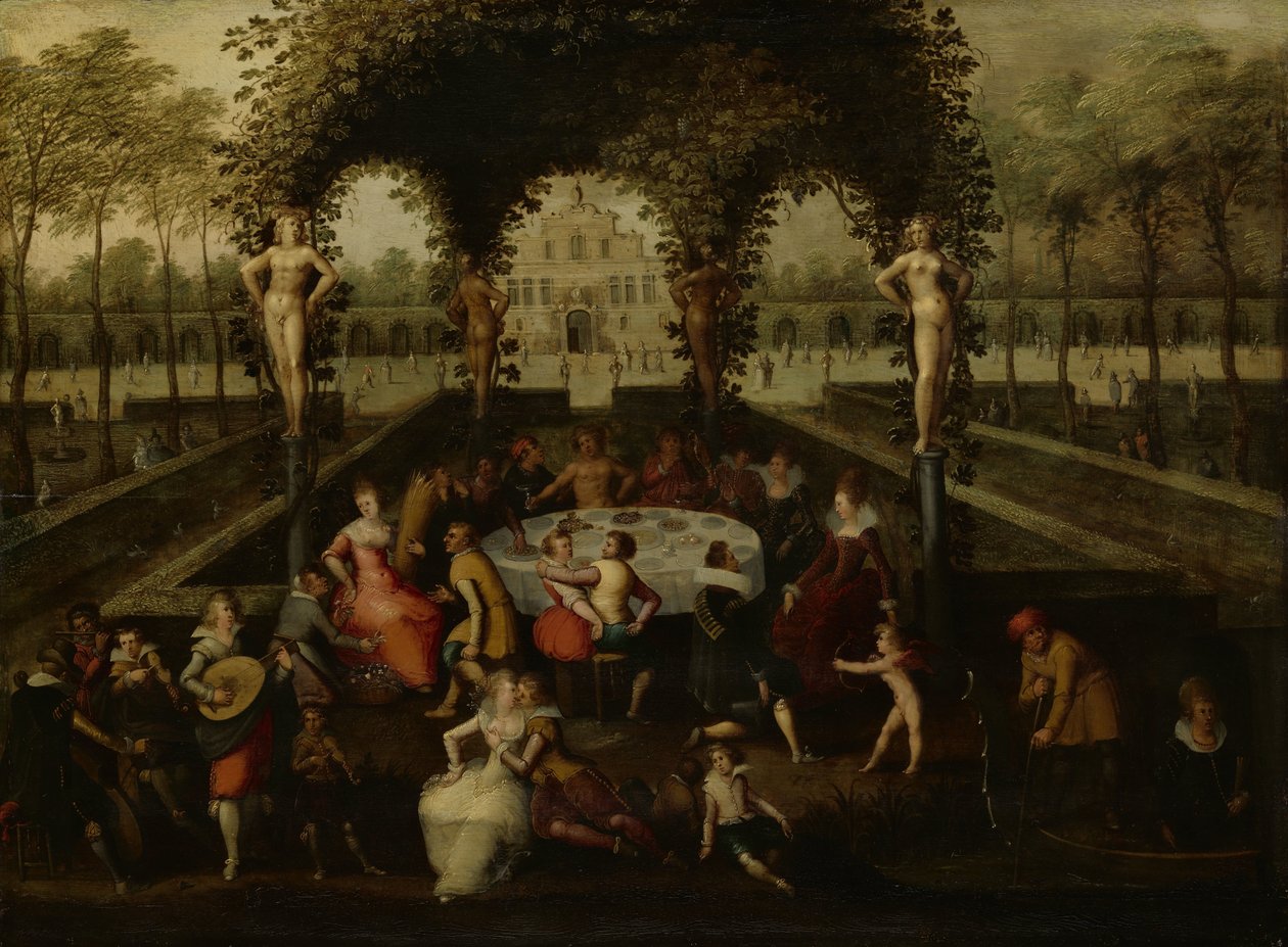 Venus, Bacchus och Ceres med dödliga i kärlekens trädgård av Louis de Caullery