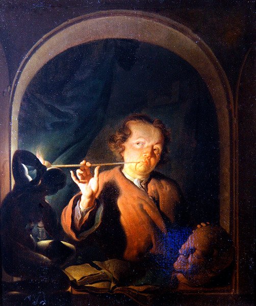 En man som tänder ett rör vid en båge (olja på panel) av Louis de Moni
