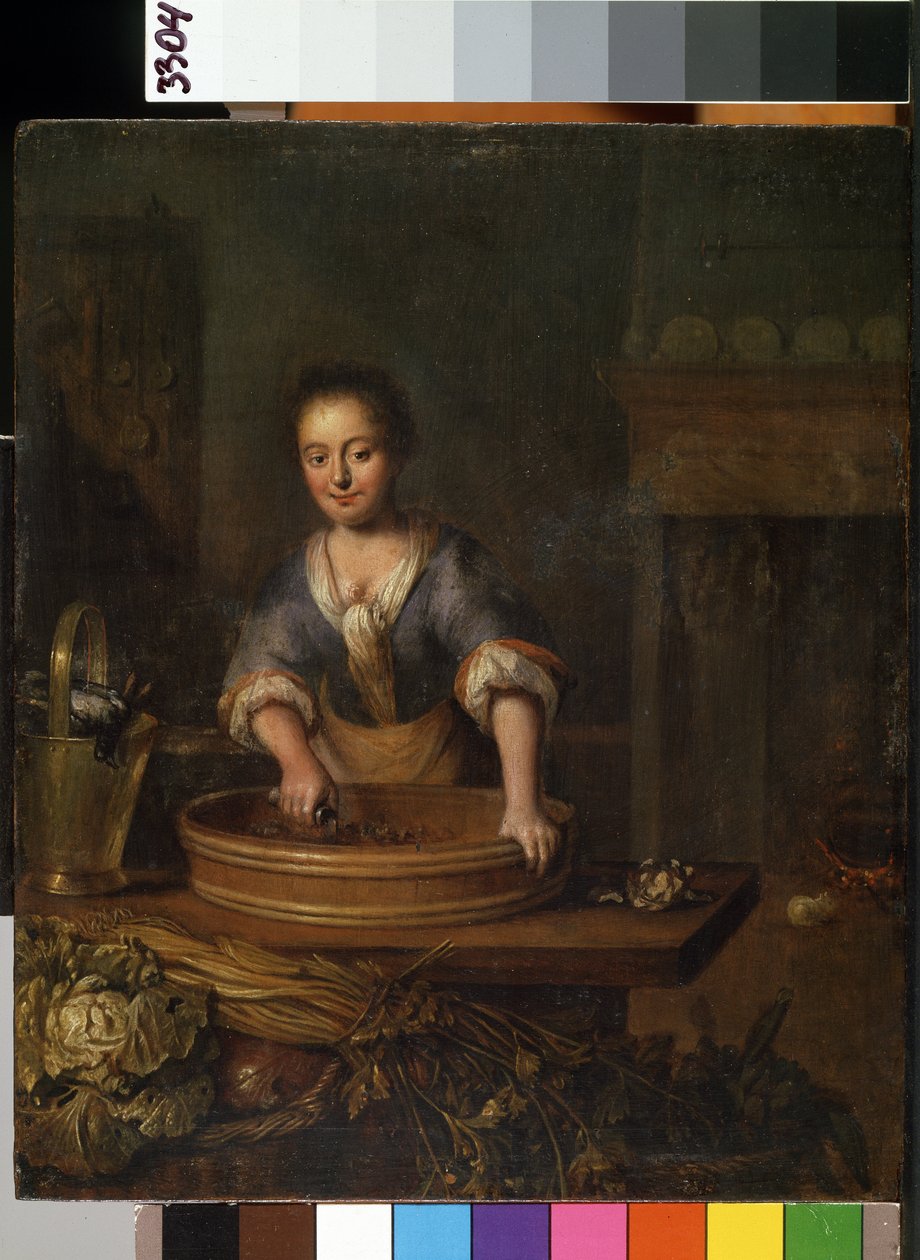 ""Kocken"" (Kocken) En ung kock i ett lantkök som förbereder kål. Målning av Louis de Moni (1698-1771) Mikalojus Konstantinas Ciurlionis Fine Arts Museum, Kaunas, Litauen av Louis de Moni